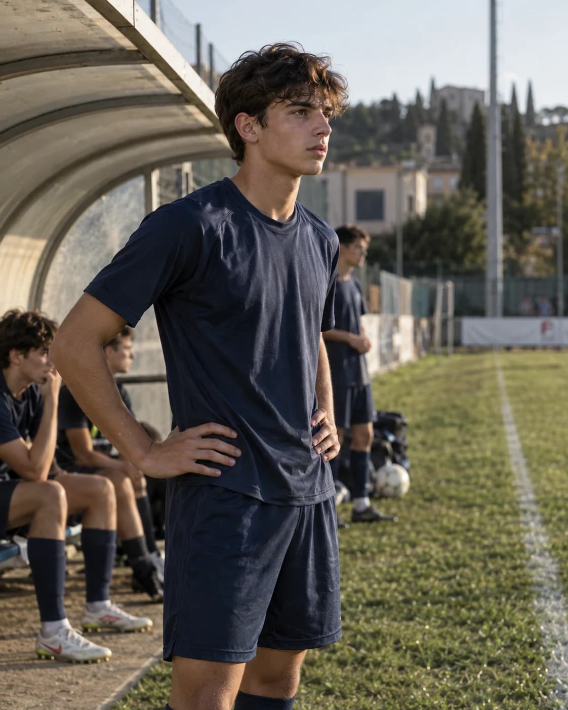 Scena illustrativa: un calciatore di circa 17 anni aspetta di entrare in campo vicino alla panchina.