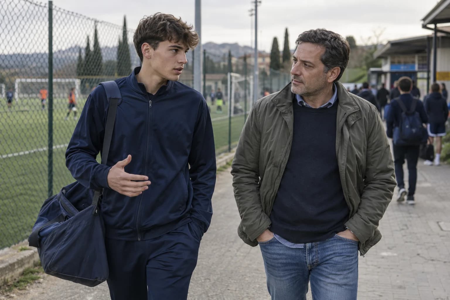 Scena illustrativa: un ragazzo di circa 17 anni parla con suo padre vicino al campo.
