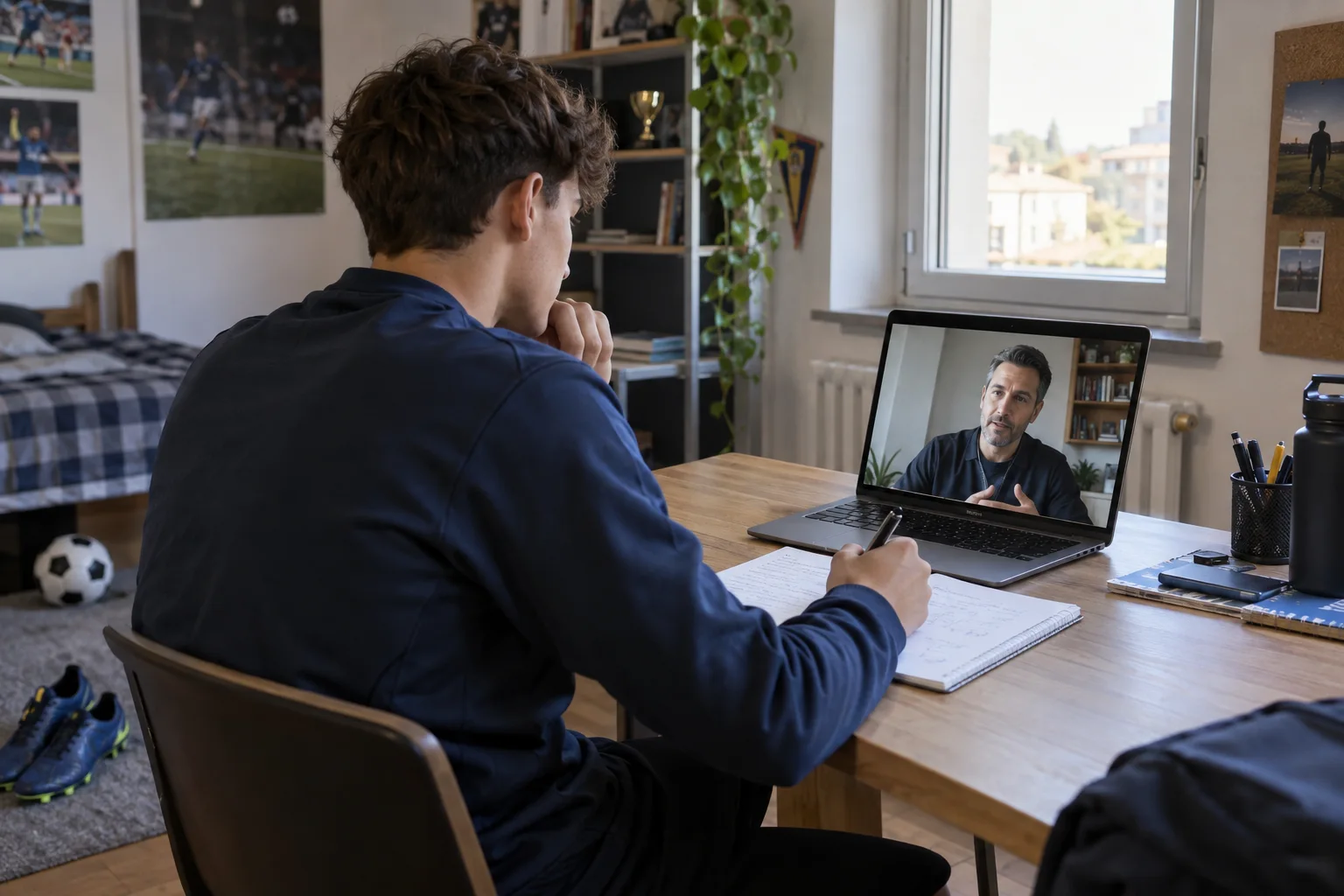 Scena illustrativa: un calciatore di circa 17 anni prende appunti durante un incontro online con un coach.