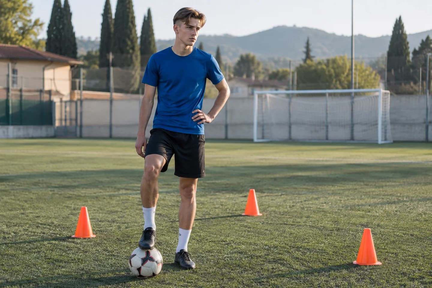 Un ragazzo in maglia blu si allena da solo con un pallone e tre coni su un campo. Scena illustrativa generata con AI.