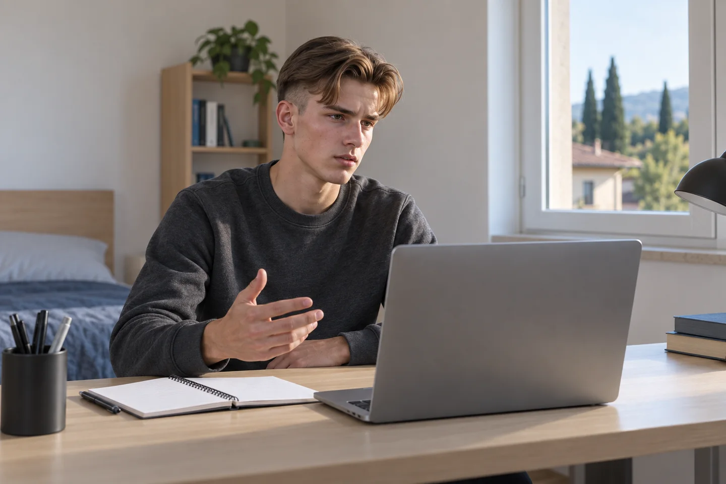 Lo stesso ragazzo, in felpa grigio scuro, è alla scrivania con quaderno e computer per un confronto online. Scena illustrativa generata con AI.
