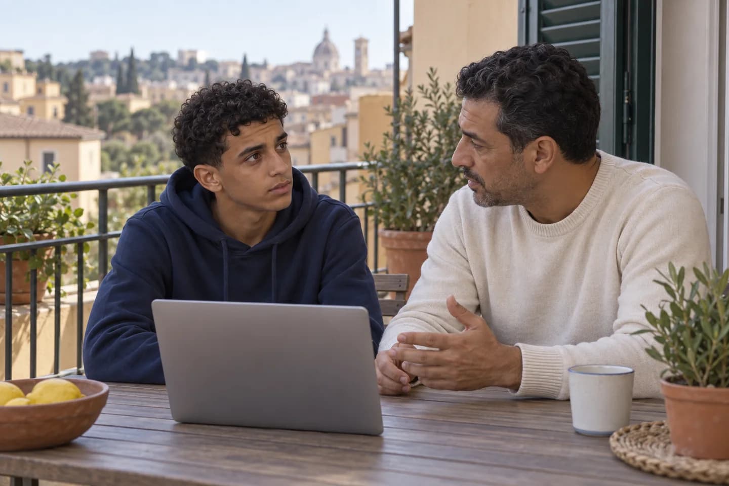 Lo stesso ragazzo, in felpa blu, parla con il padre seduto sul balcone di casa. Scena illustrativa generata con AI.