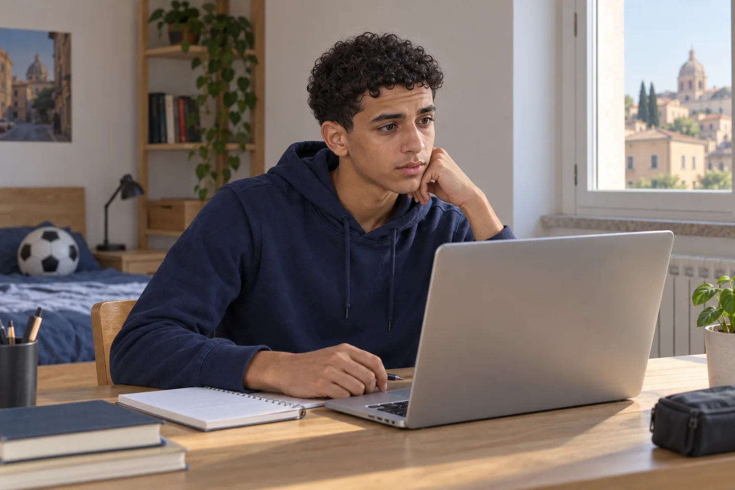 Lo stesso ragazzo, in felpa blu, è alla scrivania con computer e quaderno per un confronto online. Scena illustrativa generata con AI.