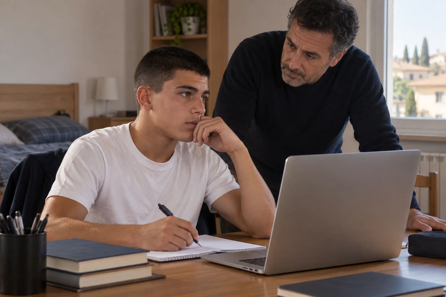 Lo stesso ragazzo, in maglietta bianca, consulta i propri appunti accanto al computer durante un confronto online. Scena illustrativa generata con AI.