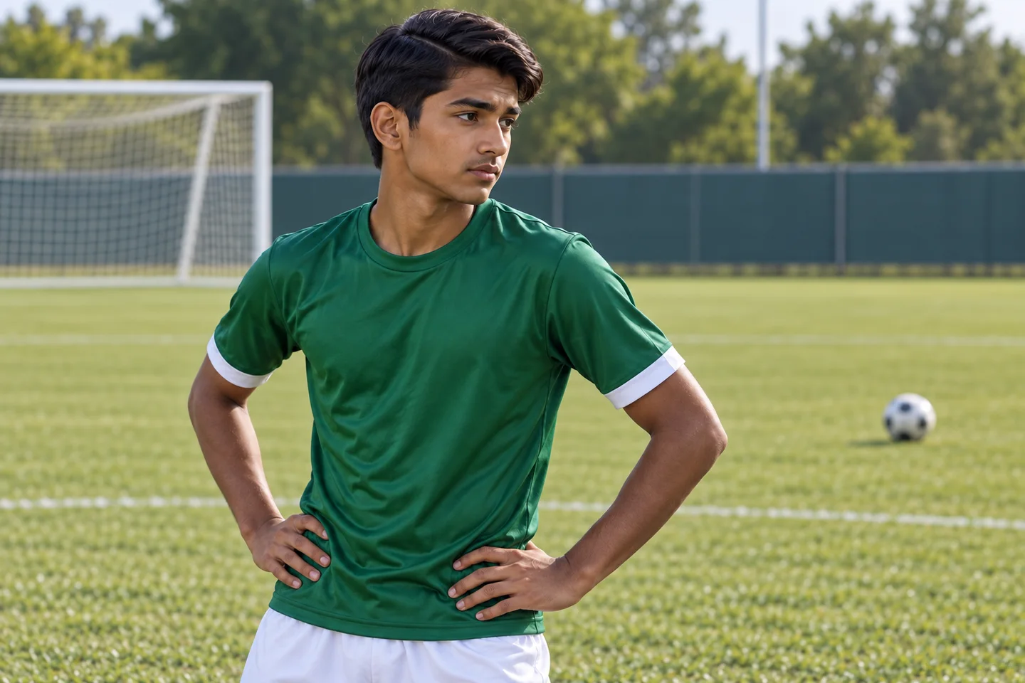 Un ragazzo dalla pelle bruna e dai capelli neri con riga laterale, in maglia verde, guarda il pallone dopo un passaggio sbagliato. Scena illustrativa generata con AI.