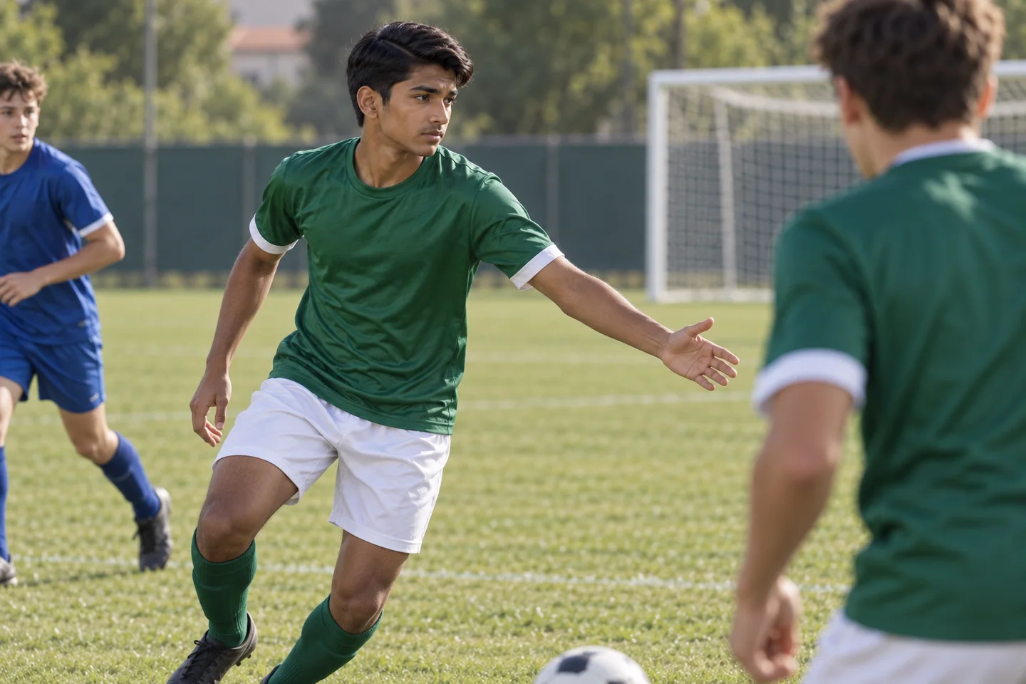Lo stesso ragazzo, in maglia verde e pantaloncini bianchi, si rende disponibile per il passaggio di un compagno. Scena illustrativa generata con AI.