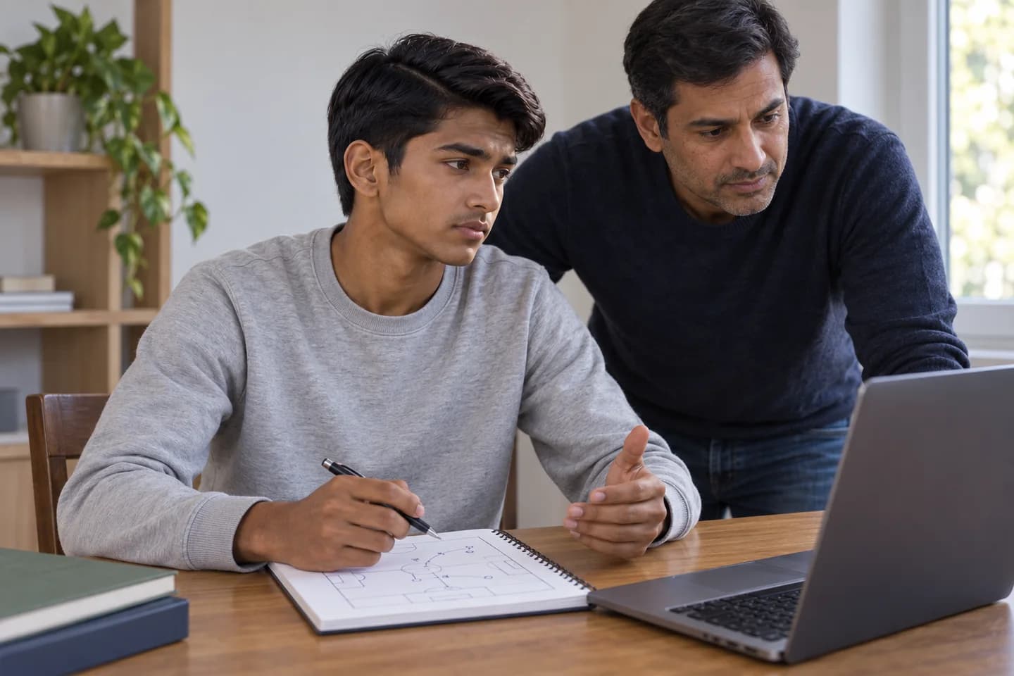 Lo stesso ragazzo, in felpa grigio chiaro, ricostruisce una giocata con appunti e computer durante un confronto online. Scena illustrativa generata con AI.