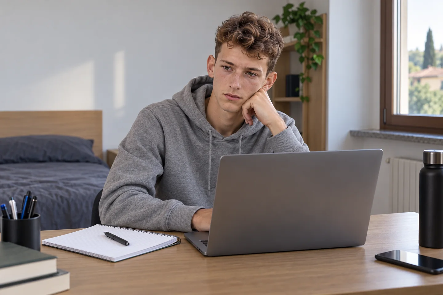 Lo stesso ragazzo, in felpa grigia, è alla scrivania con quaderno e computer per un confronto online. Scena illustrativa generata con AI.