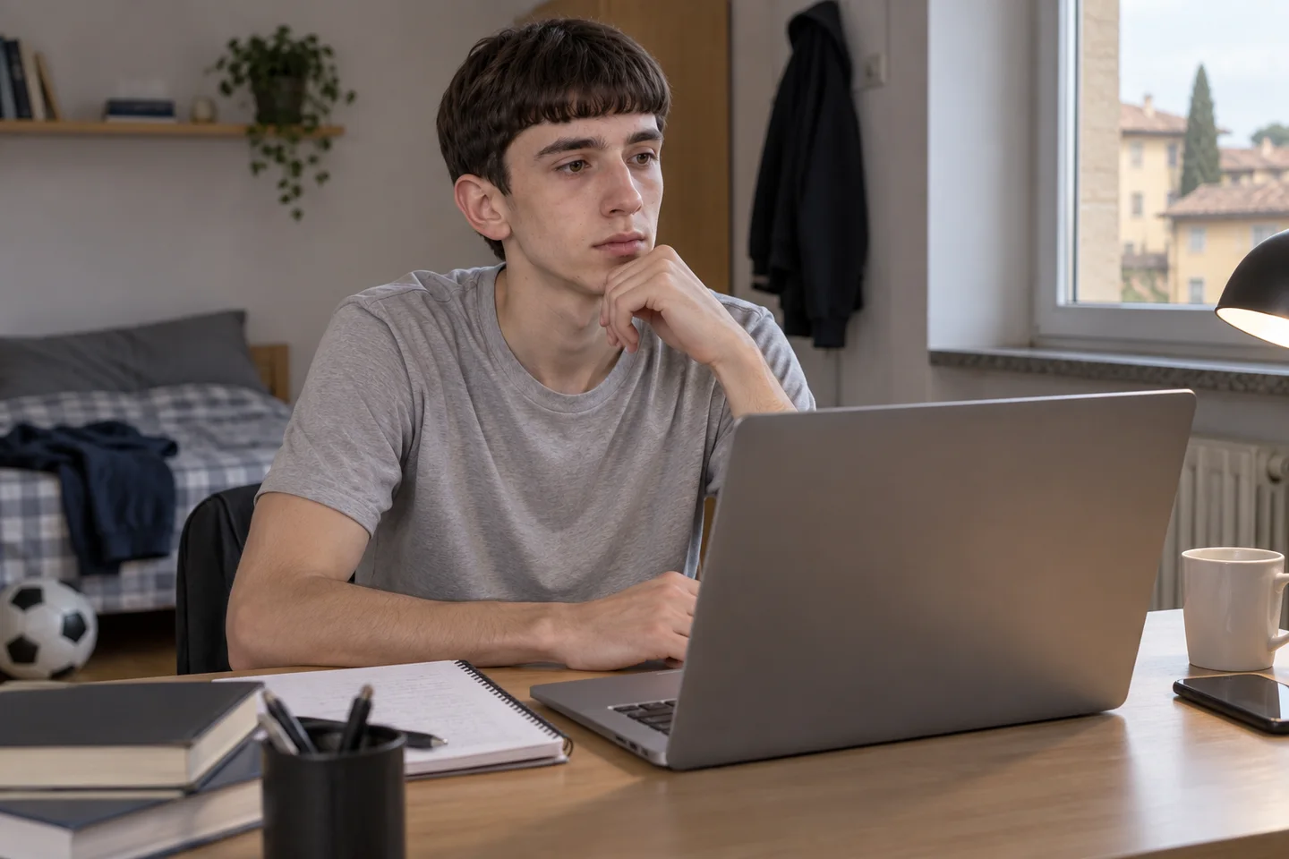 Lo stesso ragazzo, in maglietta grigio chiaro, riflette alla scrivania con quaderno e computer durante un confronto online. Scena illustrativa generata con AI.