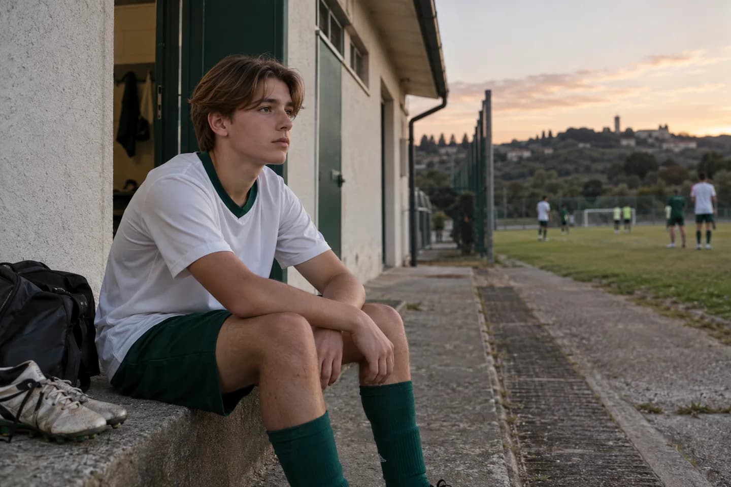 Un ragazzo dai capelli castano chiaro con la riga centrale siede fuori dallo spogliatoio, con scarpe e borsone accanto. Scena illustrativa generata con AI.
