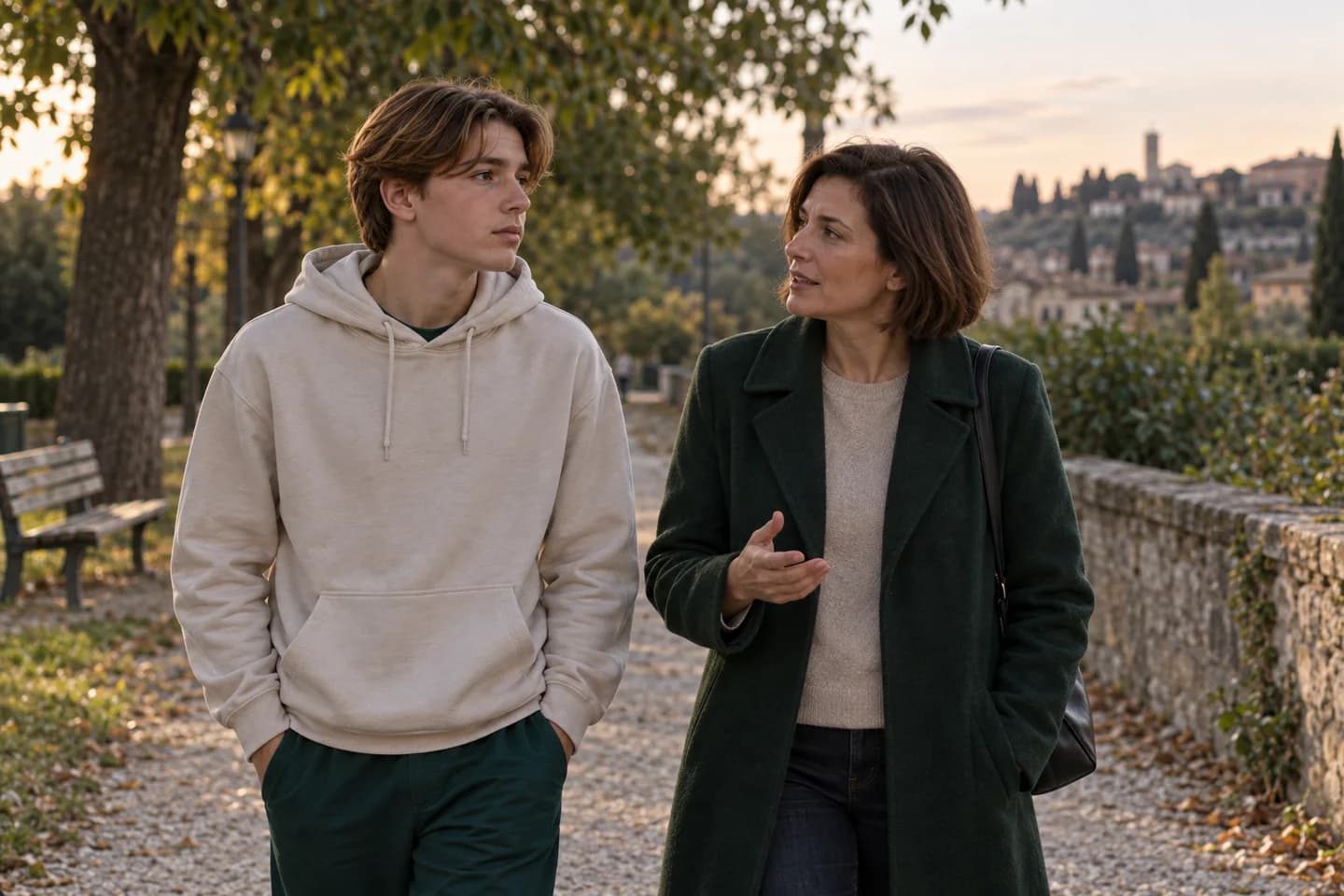 Lo stesso ragazzo, in felpa beige, cammina e parla con la madre in un parco. Scena illustrativa generata con AI.