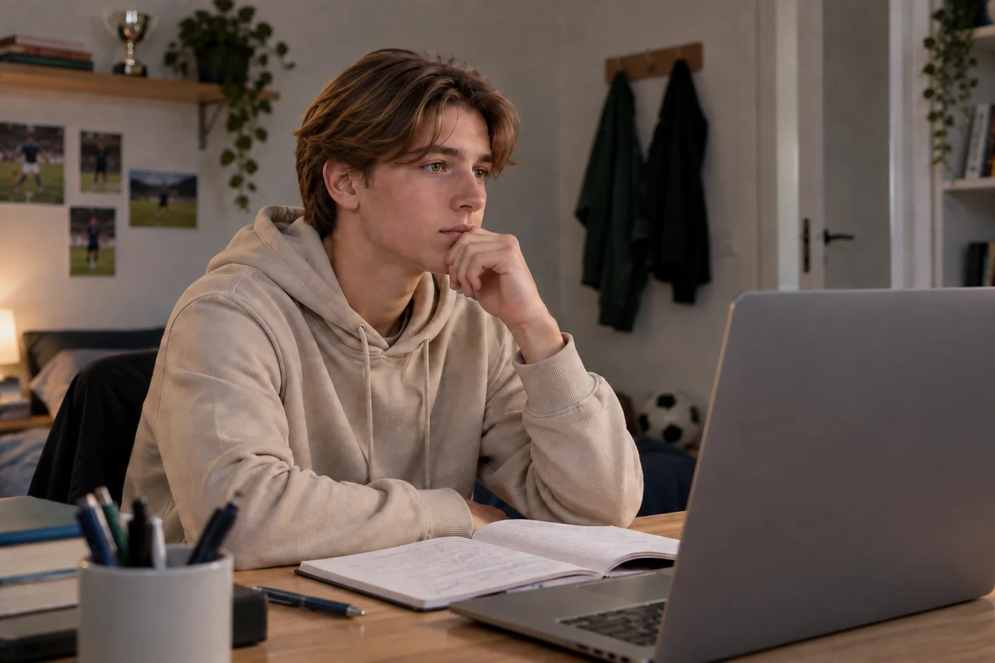 Lo stesso ragazzo, in felpa beige, riflette davanti al computer con un quaderno aperto sulla scrivania. Scena illustrativa generata con AI.