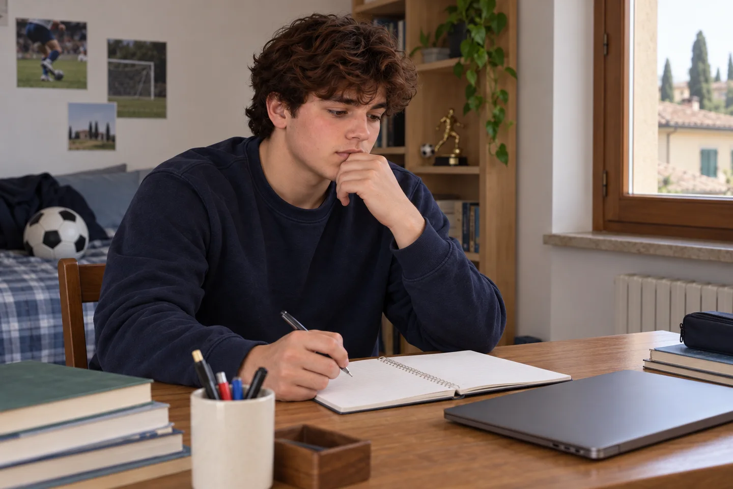 Lo stesso ragazzo, in felpa blu, è solo alla scrivania davanti a un quaderno aperto, con il computer chiuso accanto. Scena illustrativa generata con AI.