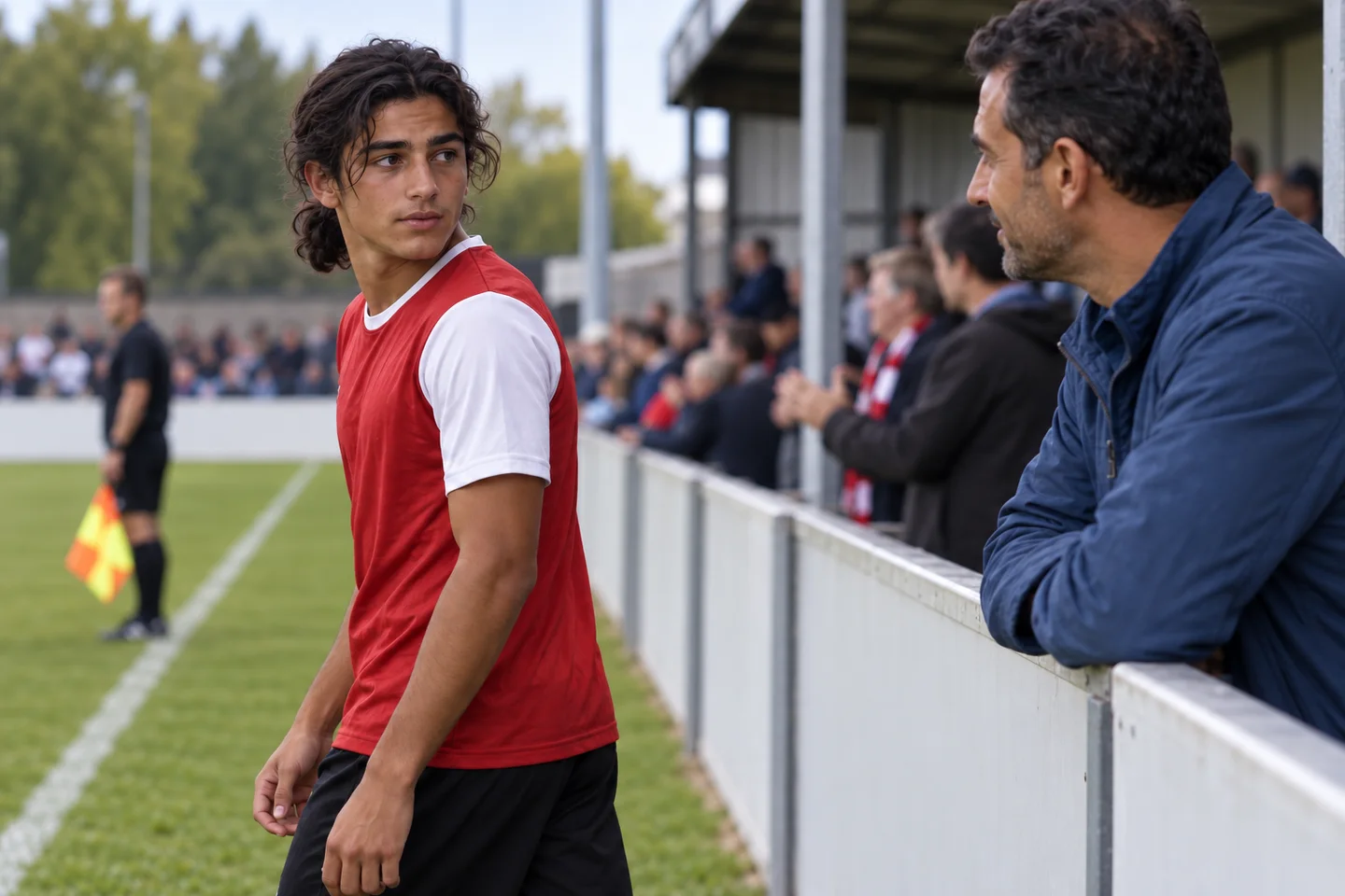 Un ragazzo dai capelli scuri raccolti in una piccola coda, in maglia rossa e bianca, guarda verso il padre oltre la recinzione. Scena illustrativa generata con AI.
