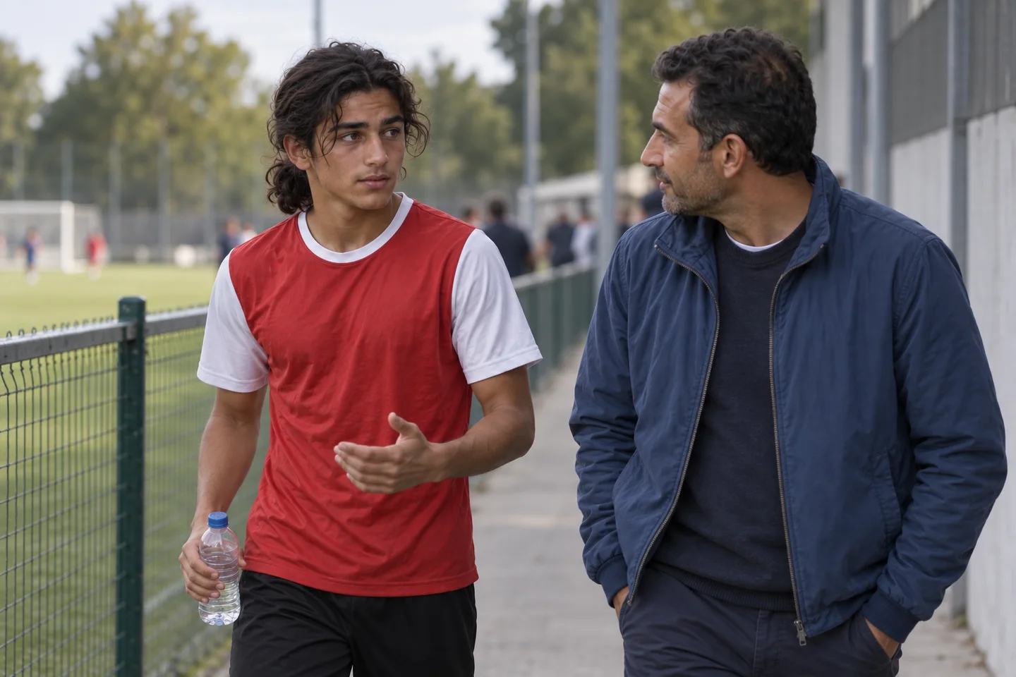 Lo stesso ragazzo e il padre, in giacca blu, parlano camminando lungo la recinzione dopo la partita. Scena illustrativa generata con AI.