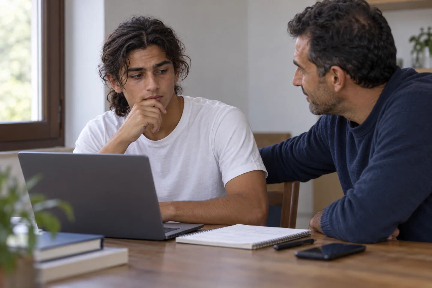 Lo stesso ragazzo, con i capelli raccolti e una maglietta bianca, è alla scrivania durante un confronto online. Scena illustrativa generata con AI.