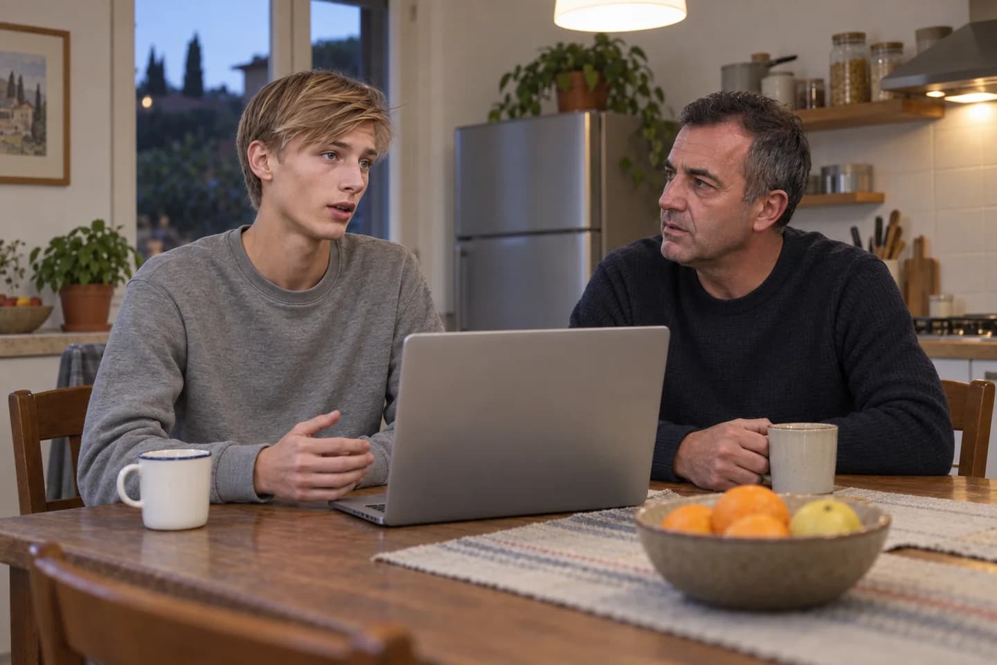 Lo stesso ragazzo, in felpa grigia, ascolta il padre al tavolo di casa. Scena illustrativa generata con AI.