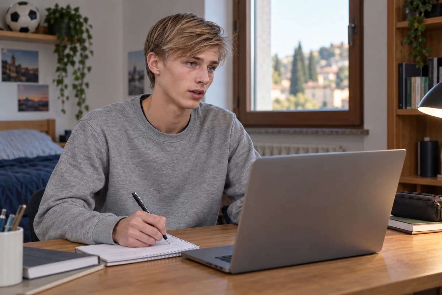 Lo stesso ragazzo prende appunti a una scrivania, accanto al computer aperto per un confronto online. Scena illustrativa generata con AI.