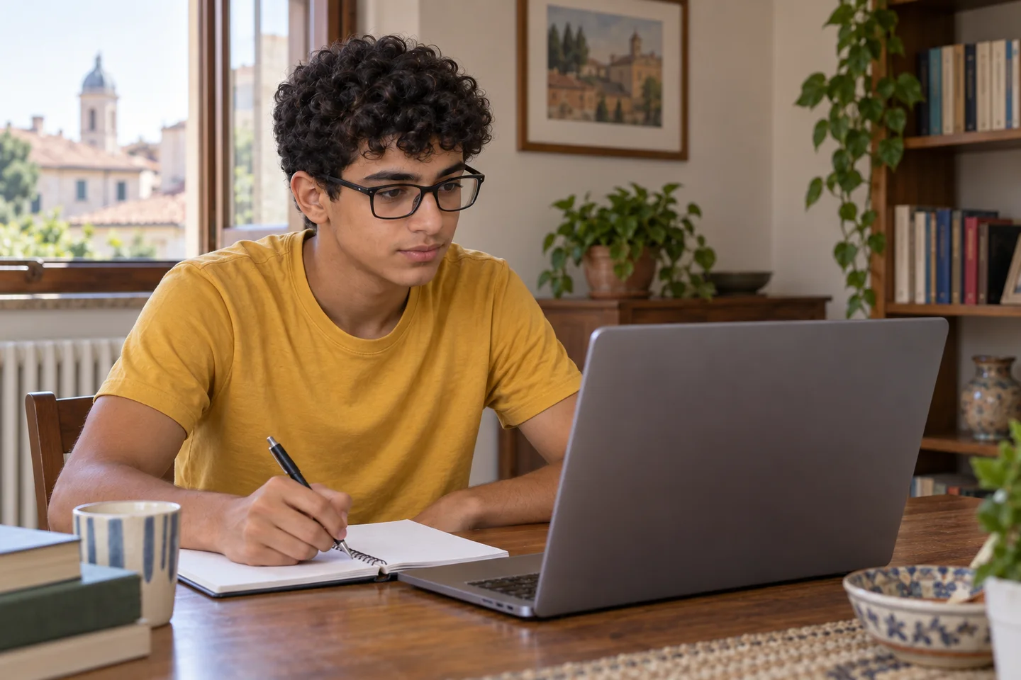 Lo stesso ragazzo, con occhiali rettangolari e maglietta gialla, è alla scrivania con computer e quaderno per un confronto online. Scena illustrativa generata con AI.