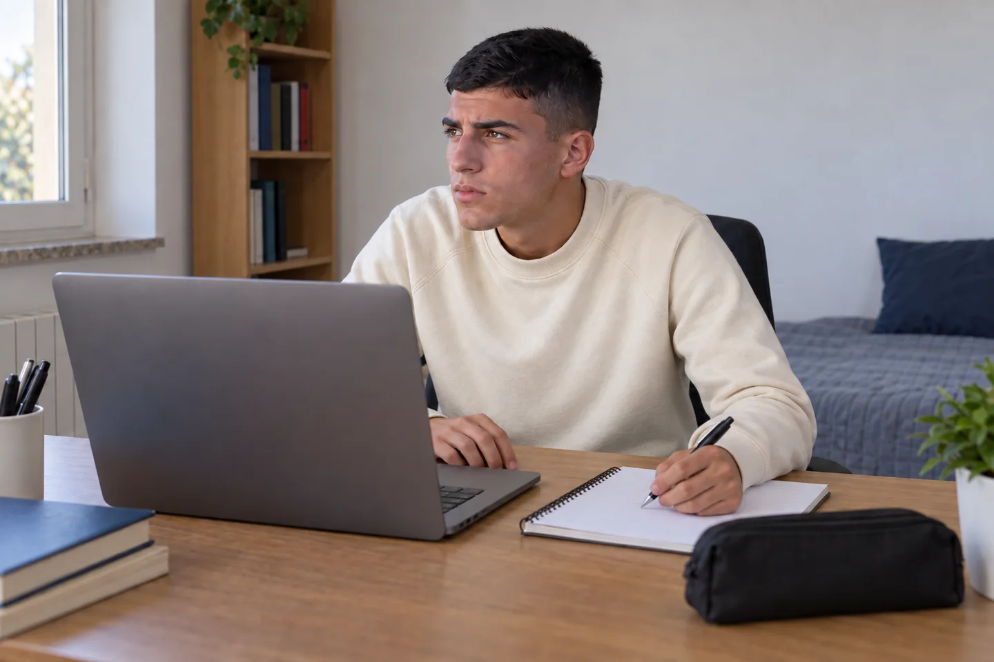 Lo stesso ragazzo, in felpa color crema, è alla scrivania con quaderno e computer per un confronto online. Scena illustrativa generata con AI.