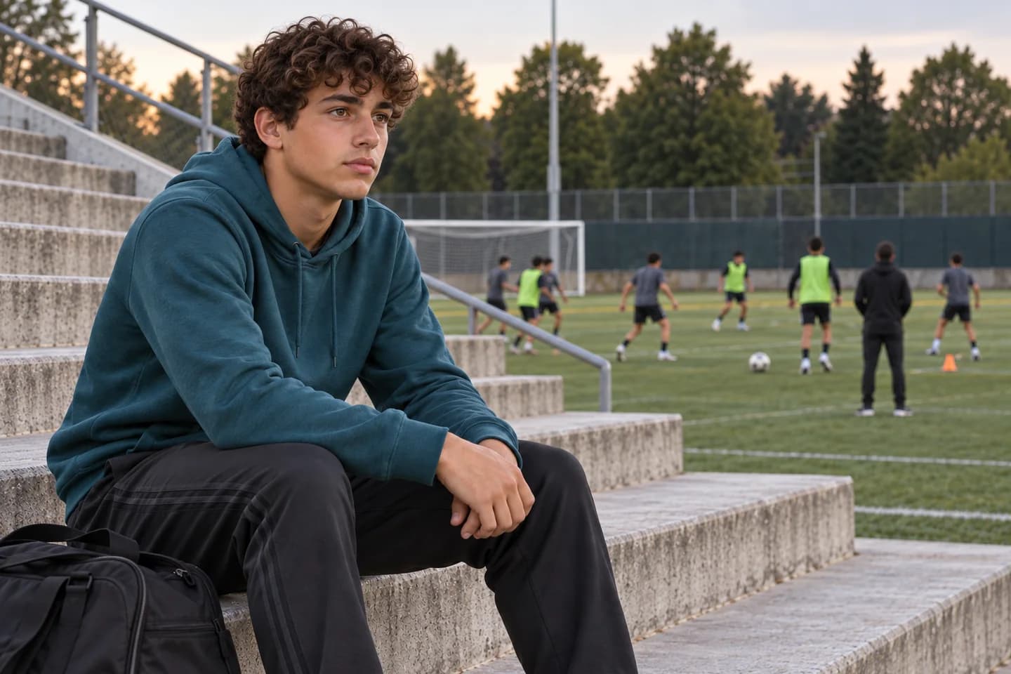 Un ragazzo dai capelli castani ricci, in felpa verde petrolio, osserva l’allenamento dalle gradinate con il borsone ai piedi. Scena illustrativa generata con AI.