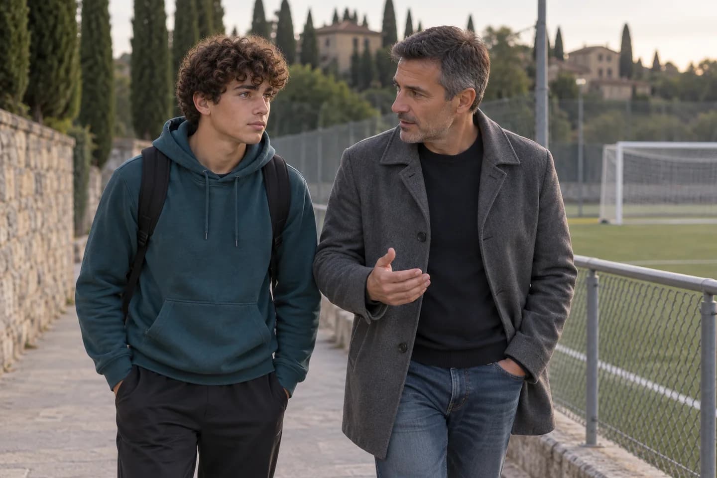 Lo stesso ragazzo passeggia con il padre lungo il perimetro del campo e gli parla. Scena illustrativa generata con AI.