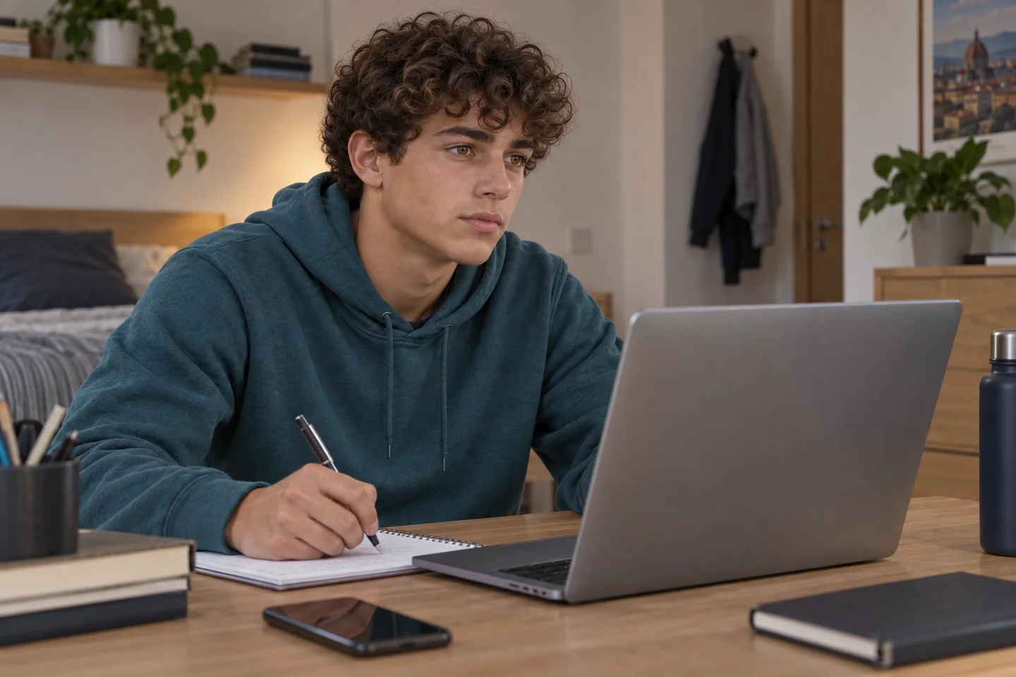 Lo stesso ragazzo, in felpa verde petrolio, prende appunti accanto al computer durante un confronto online. Scena illustrativa generata con AI.
