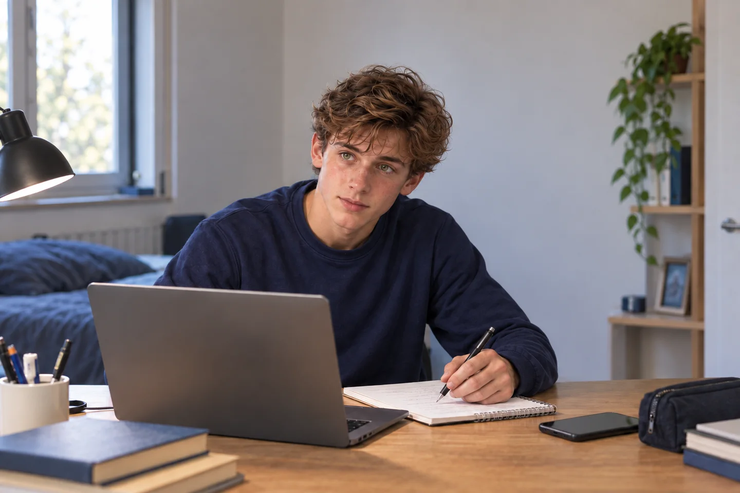 Lo stesso ragazzo, in felpa blu, prepara appunti alla scrivania durante un confronto online. Scena illustrativa generata con AI.