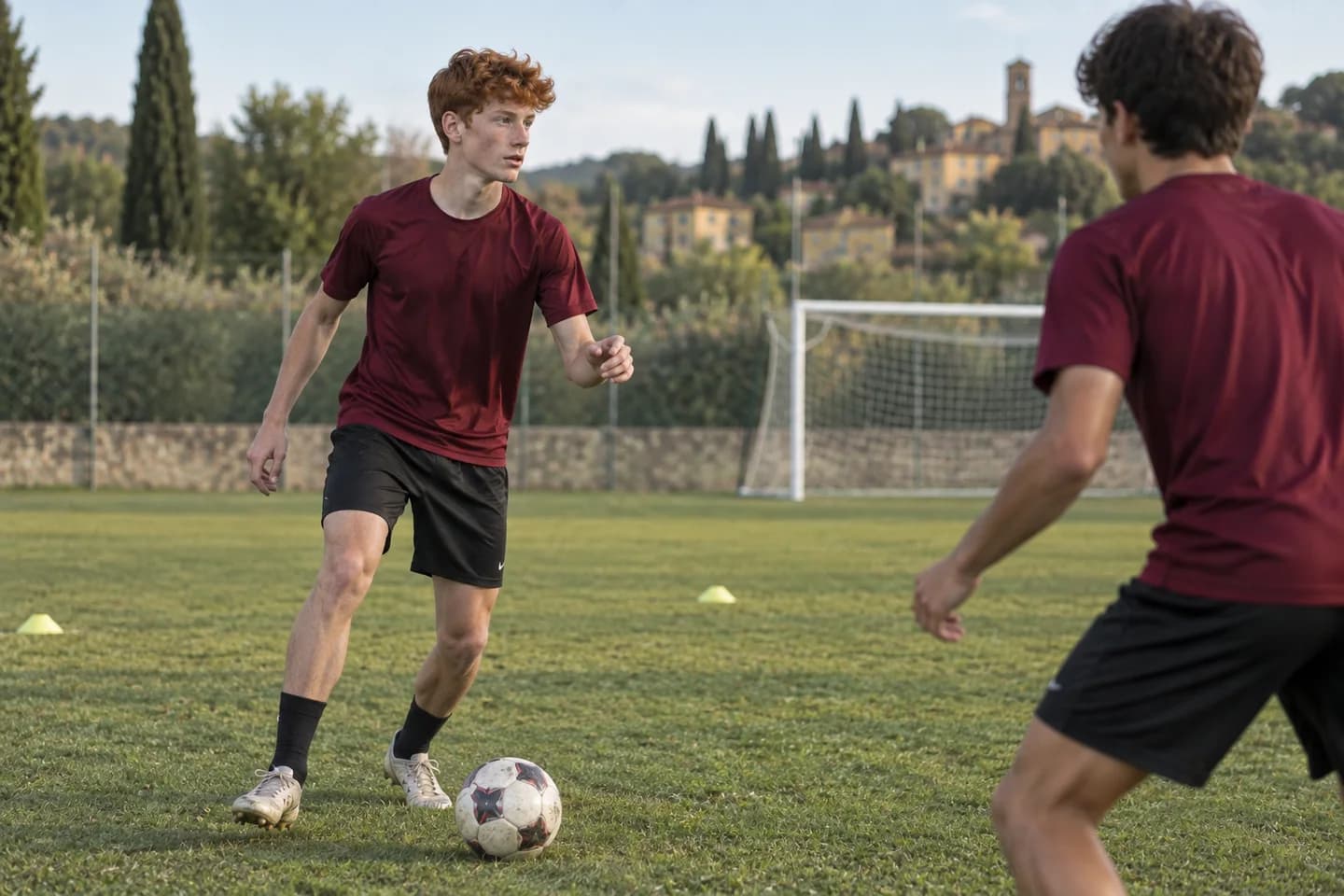 Lo stesso ragazzo, in maglia bordeaux, partecipa a un esercizio di passaggi con un compagno. Scena illustrativa generata con AI.