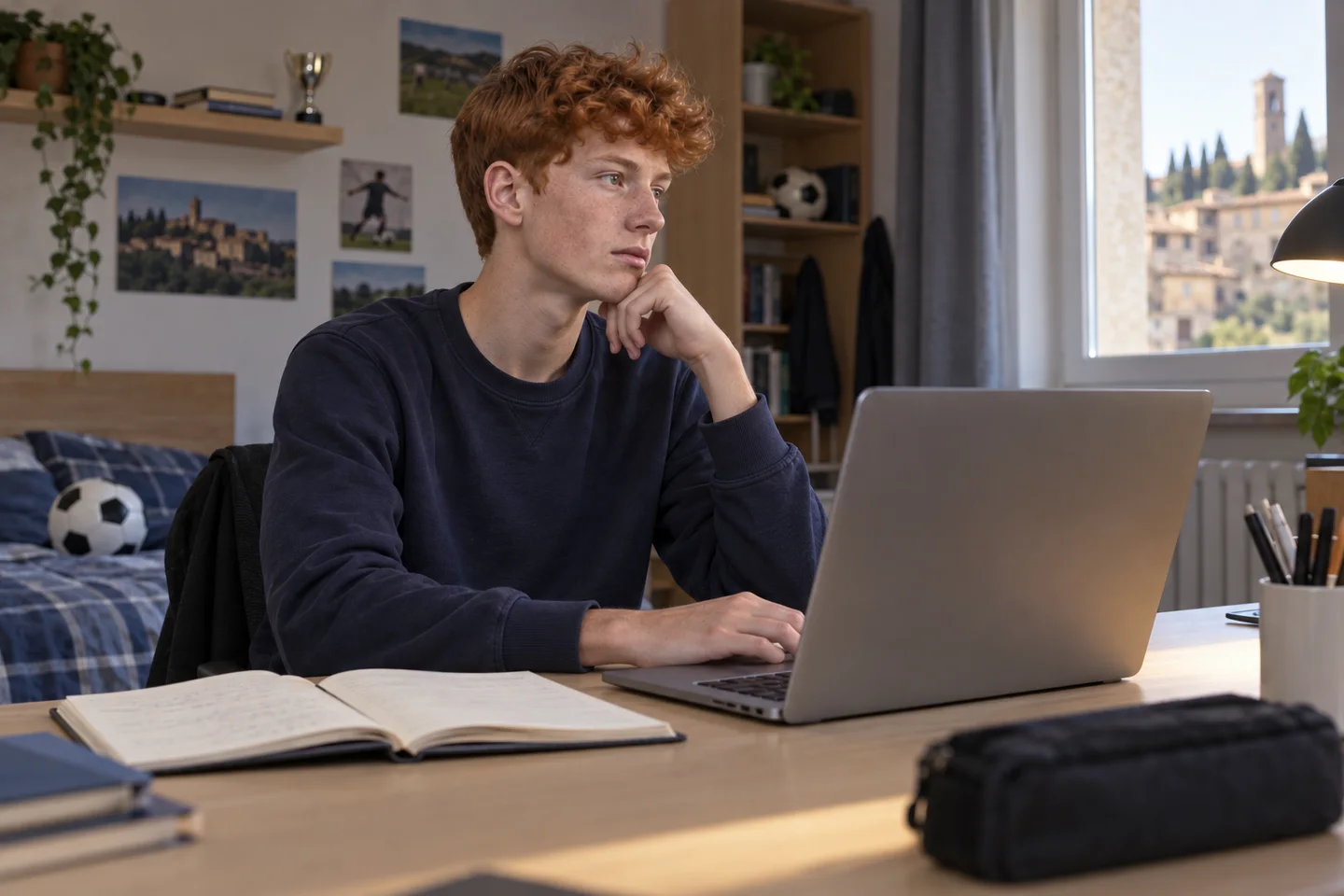 Lo stesso ragazzo, in felpa blu, è alla scrivania con un quaderno e il computer per un confronto online. Scena illustrativa generata con AI.