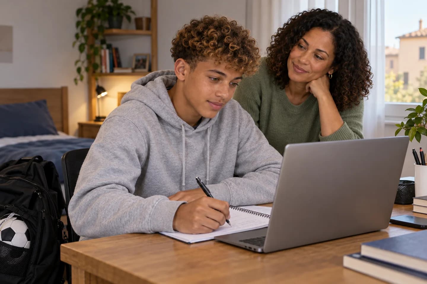 Lo stesso ragazzo, in felpa grigia, è alla scrivania con computer e quaderno; il borsone è accanto. Scena illustrativa generata con AI.